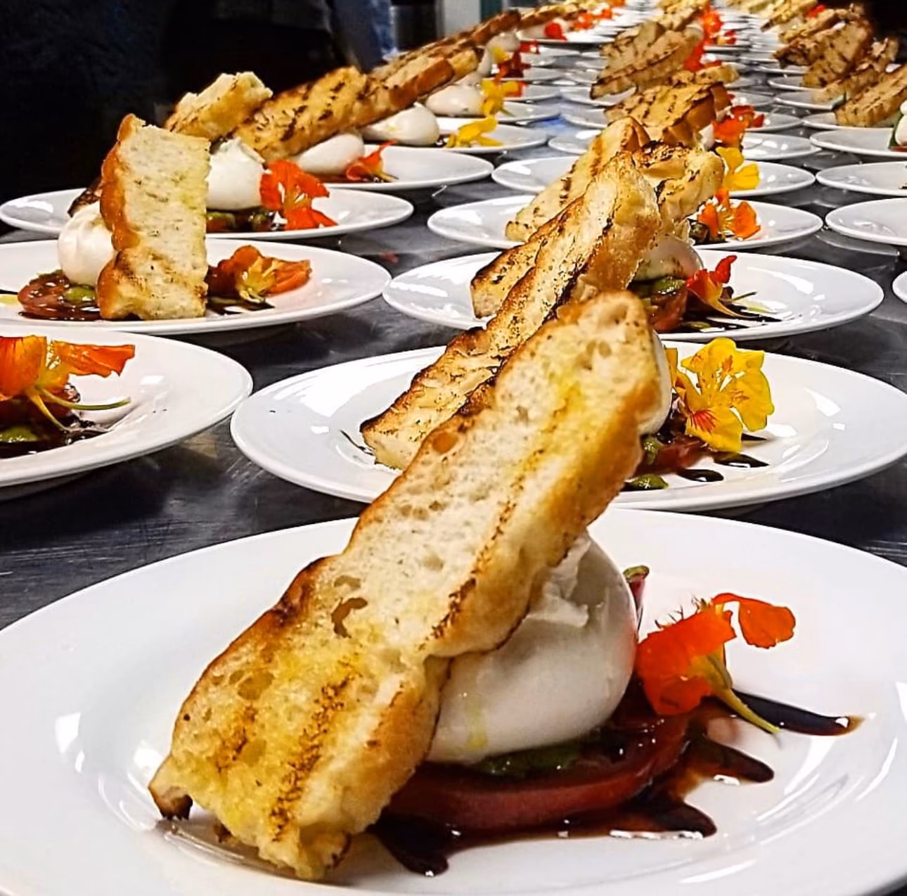 Row of plated appetizers with grilled bread and burrata